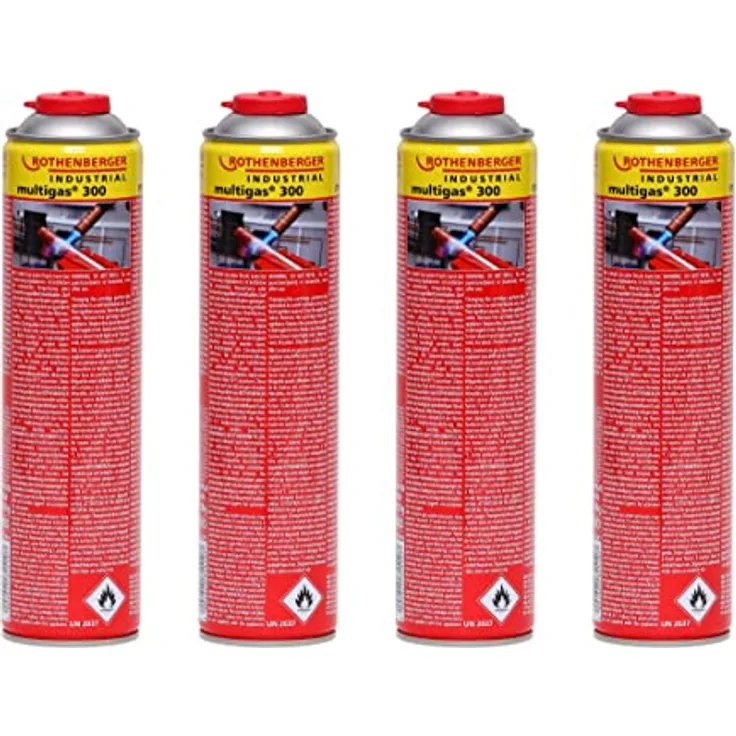 ROTHENBERGER Multigas 300 Gaskartusche, 600 ml, 338 g, Anschluss 7/16" EU, Norm EN 417, 4 Stück