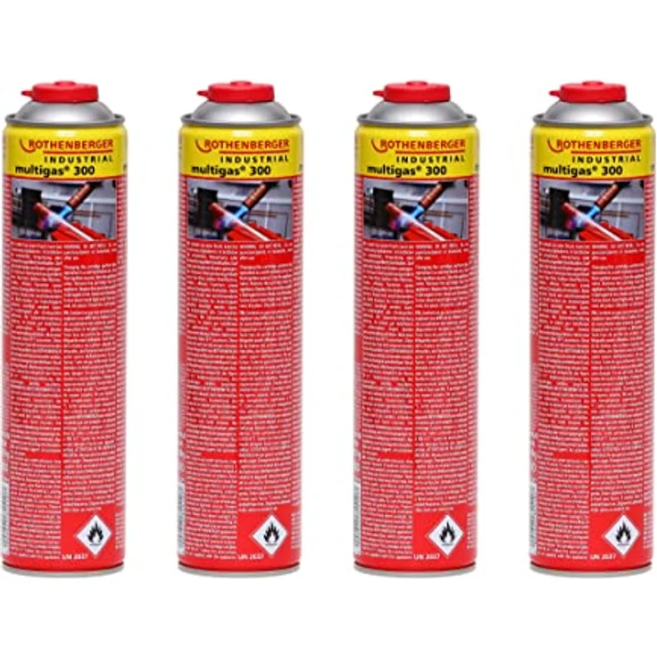 ROTHENBERGER Multigas 300 Gaskartusche, 600 ml, 338 g, Anschluss 7/16" EU, Norm EN 417, 4 Stück – Bild 1