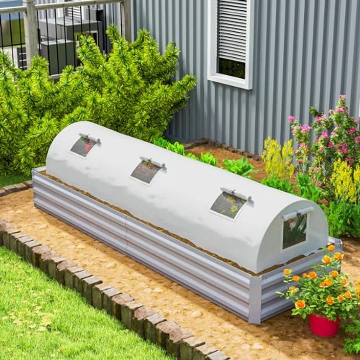 Outsunny Gewächshaus mit Rollfenster Runddach, Winterfest Foliengewächshaus aus Stahl wasserabweisend Treibhaus für Balkon Tomatenhaus mit UV Schutz 300x80x45cm Tomatengewächshaus für Gemüse, Weiß – Bild 2