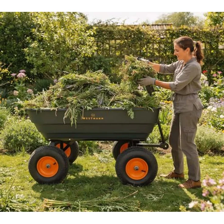 Westmann Prakta M Gartenwagen, Kunststoffkarre mit Kippfunktion, 125 L Volumen, 300 kg Tragkraft, Luftreifen & Zugstange – Bild 2