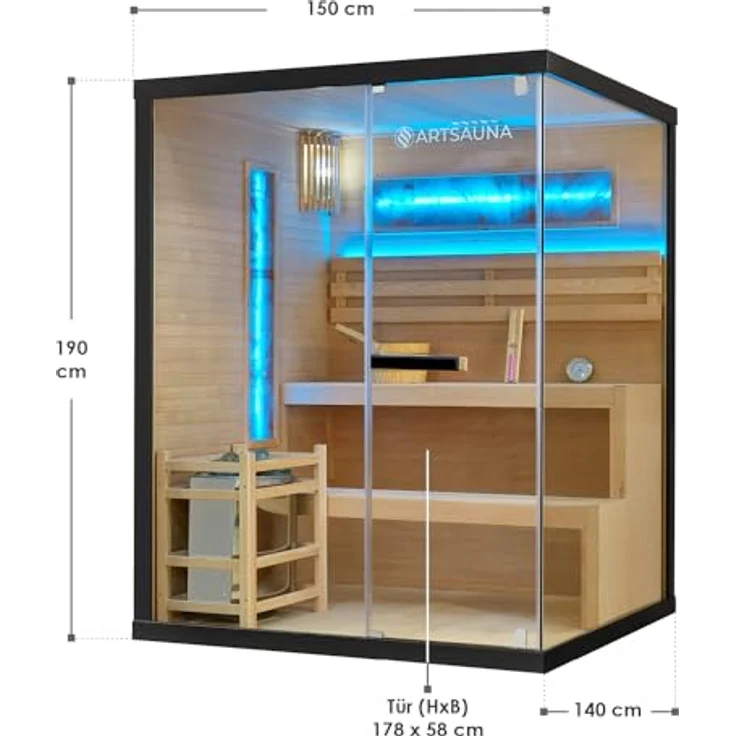 Artsauna Sauna Vantaa 150, BxTxH: 150 x 140 x 190 cm, 5 mm, 2 große Salzsteine, Ambientebeleuchtung, Schwarz/Natur, 3 Personen, 4,5 kW Ofen mit Saunasteinen – Bild 8