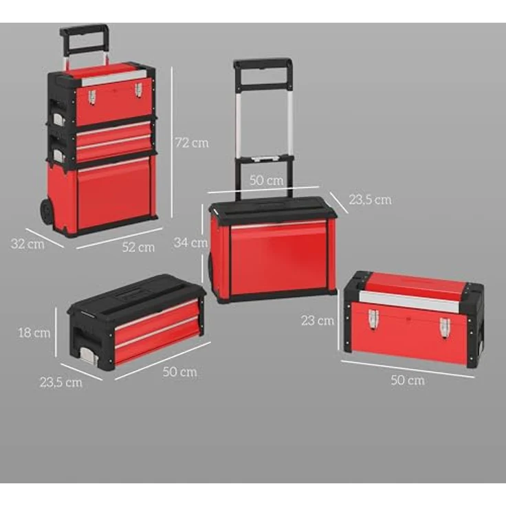 HOMCOM Werkzeugwagen, 3-teilig mit Koffer und teleskopischem Griff, modular, max. Traglast 45 kg, Rot – Bild 7