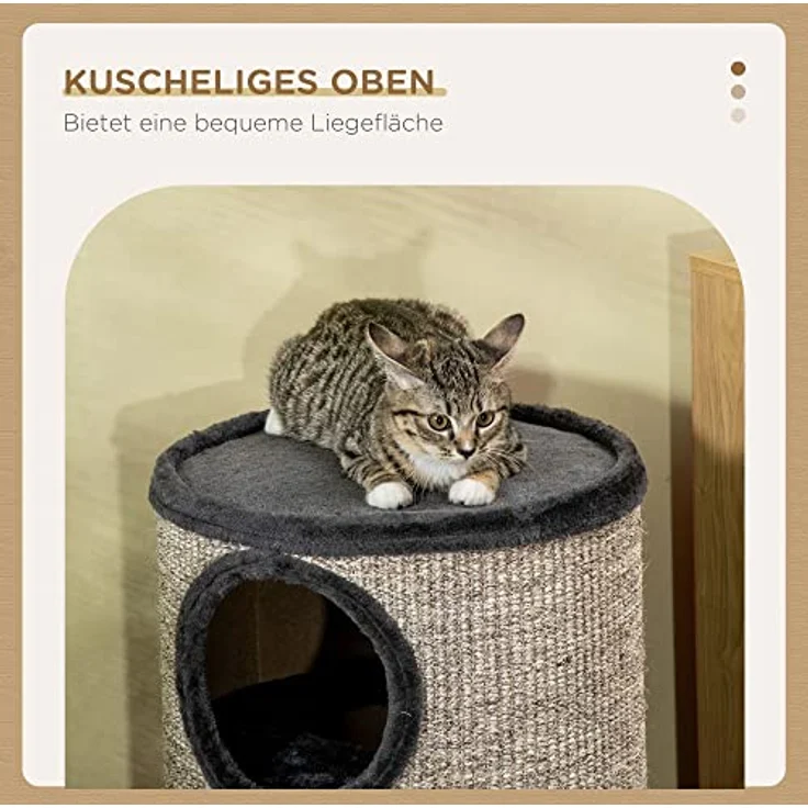 PawHut Kratztonne, Höhe 70 cm, Spieltonne für Katzen, 3 Ebenen, Katzenkratzbaum mit 3 Höhlen, Katzenbaum, Kratzturm aus Sisal, Katzenmöbel, Plüsch, Grau – Bild 5