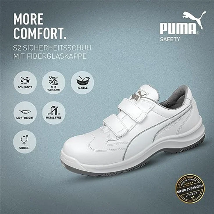 PUMA Safety Sicherheitsschuh - Fiberglaskappe, I.Q.-Cell Dämpfung, Mikrofaser, Klettverschluss, metallfrei, mondopoint Weite 11, zertifiziert (Weiß) – Bild 3