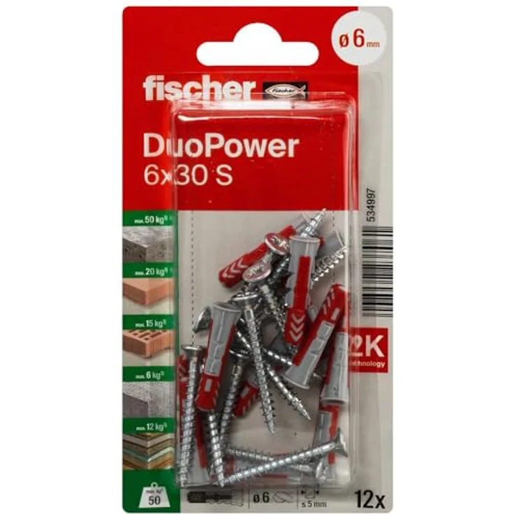 Fischer DuoPower 534997, Dübel 6 x 30 S mit integrierter Schraube, 12 Stück, für Mauerwerk, Beton und Gipskartonplatten – Bild 1