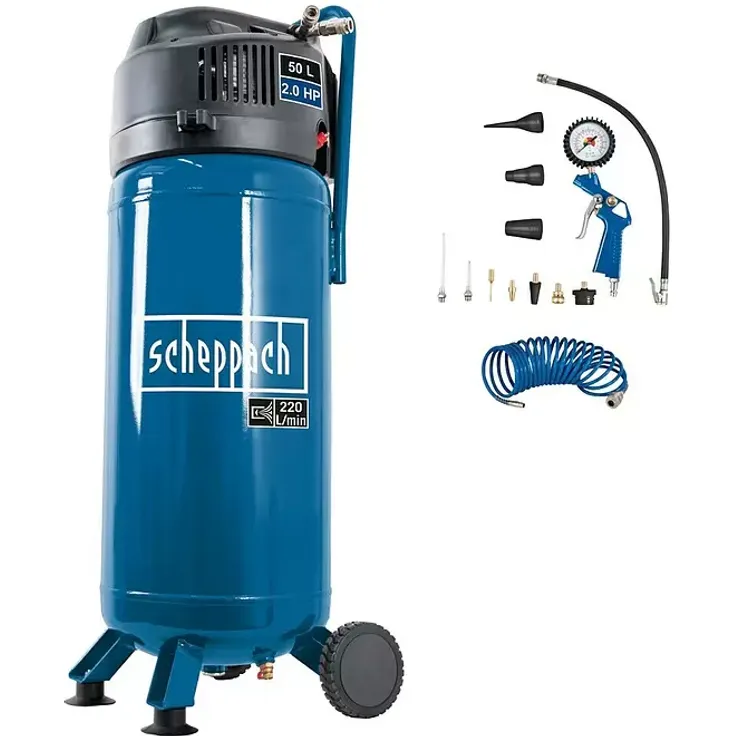 Scheppach HC51V, Kompressor mit 1.500 W, 50 l Kessel, max. Druck 10 bar, 220 l/min Ansaugleistung, ölfrei, vertikal