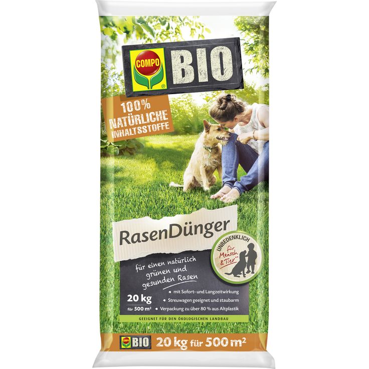 Compo Bio-Rasendünger 20 kg, 100% natürliche Inhaltsstoffe, für 500 m² Rasenfläche, staubarm und unbedenklich für Mensch und Tier