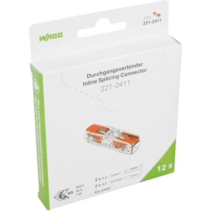 Wago Durchgangsklemme 221-2411, Hebelklemme für 2 Leiter, 12 Stk., 0,2 mm² - 4 mm², werkzeugloses Verbinden – Bild 1