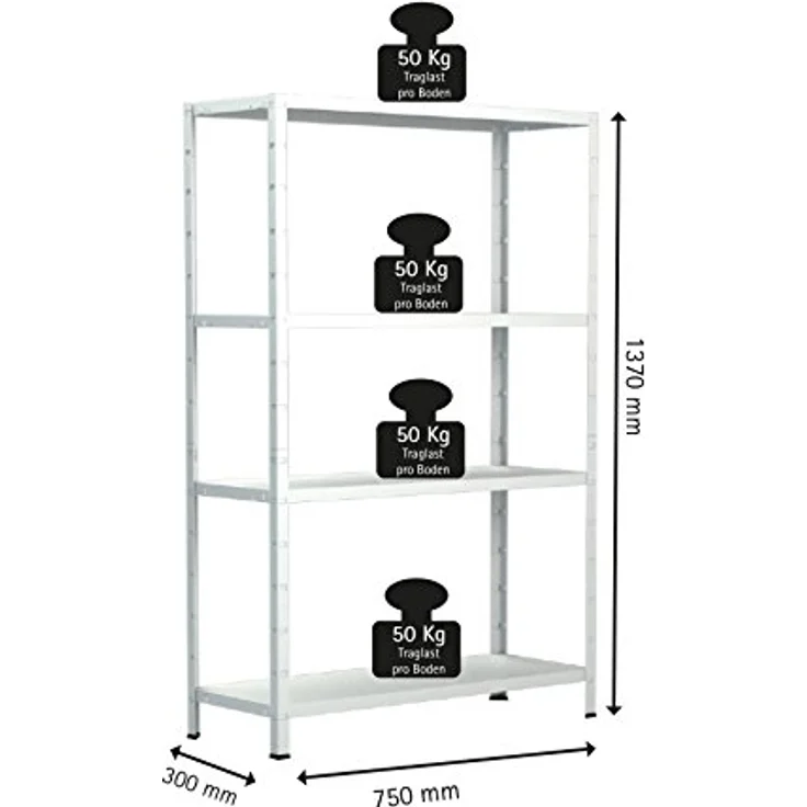 SCHULTE Regalwelt Steckregal mit 4 PowerMAX Fachböden, 50 kg Tragkraft, 137x75x30 cm (HxBxT), weiß, Lagerregal, Werkstattregal, Kellerregal, Garagenregal, Metallregal – Bild 3