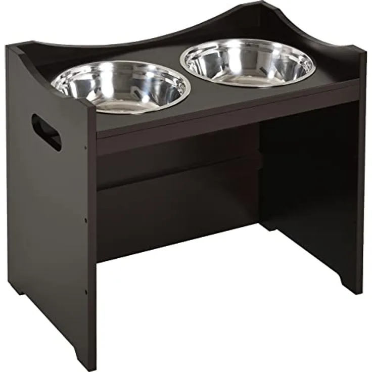 PawHut Höhenverstellbarer Hunde Fressnapf, Futterstation, Edelstahlnapf, Katzenapf, MDF, Edelstahl, Dunkelbraun, 54 x 31,5 x 47