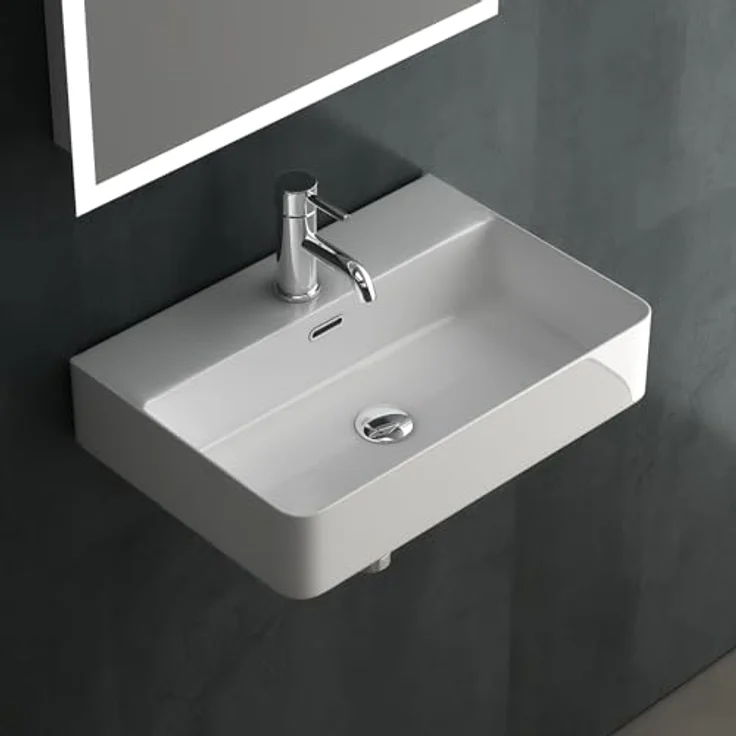 Alpenberger Waschbecken 60 cm Breit - Aufsatzwaschbecken Eckig mit Nano - Weiß, pflegeleicht durch Lotus Effekt, mit Überlauf und Hahnloch – Bild 2
