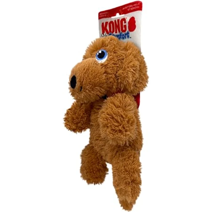 KONG Comfort Pups, Plüschfell mit geringer Füllung und Quietschelement, knisternde Ohren, Größe M, goldfarben – Bild 2