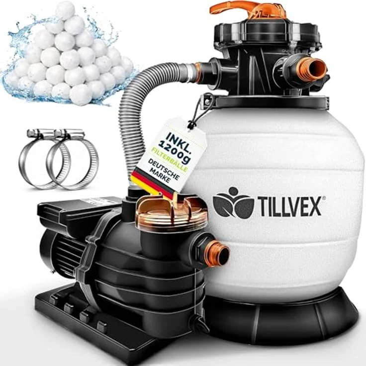 tillvex Sandfilteranlage 13.200L/h mit 1200g Filterbällen, Pumpenfilter mit 7-Wege Ventil & 2in1 Adapter Ø32-38mm für Pools bis 40.000L – Bild 1