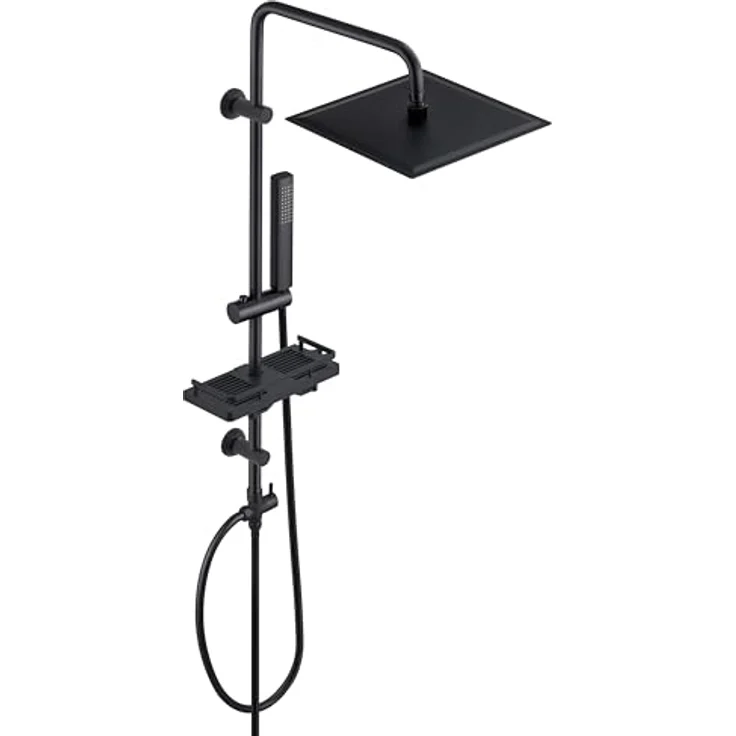 Görbach Edelstahl Regendusche Duschset 25x25 cm, Duschsystem ohne Armatur, verstellbare Duschstange und schwarze Duschablage – Bild 1