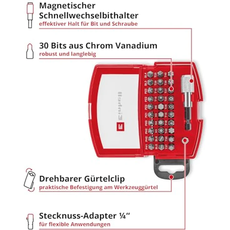 Einhell BELT CLIP 118495 Bit-Set 32-teilig, TORX, PZ, PH, Schlitz, Tamper, inkl. 60-mm-Bithalter, robustes Chrom Vanadium, kompakte Bit-Box mit Gürtelclip – Bild 3