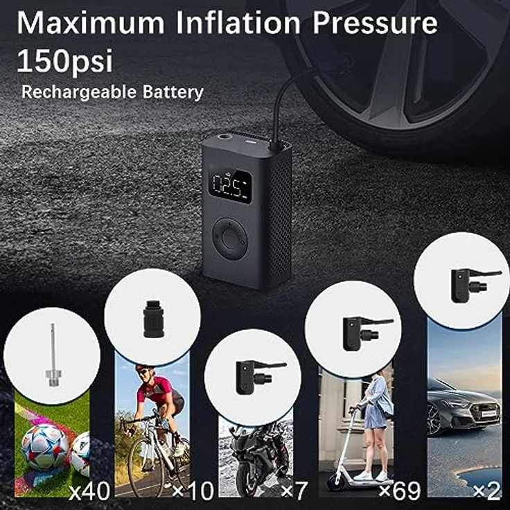 Mi Mijia Elektrische Luftpumpe 2 Tragbarer Fahrradpumpe Luftkompressor Mini Elektrischer Kompressor Pump (2000mAh Akku, Autostop-Funktion,150 PSI, 10,3 bar, LED)für Auto, Fahrrad, Motorrad, Ball – Bild 5