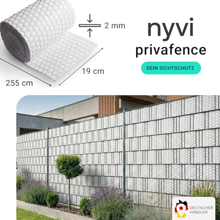 NYVI Polyrattan Sichtschutzstreifen Privafence Weiß, blickdicht, 255 x 19 cm, 6 Rollen (15,3 Meter), wetterfest und UV-resistent für Doppelstabmattenzaun – Bild 2