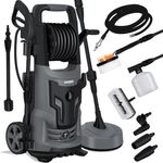 MASKO Hochdruckreiniger 2200 Watt 165 Bar 450 L-H , Mit Spule Schlauchtrommel 10M Schlauch 9.Tlg. Zubehör Set, Mit Seifenflasche Schaumdüse, Hochdruckpistole Für Autos-Zäune-Garten-Patios-Pool Grau