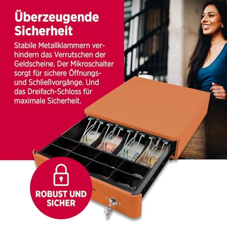 OLYMPIA S 330 Orange, Kassenlade mit 8 Münzfächern & 4 Scheinfächern, Vollmetall, elektrisch ansteuerbar, Schloss & RJ11/RJ12-Anschluss – Bild 4