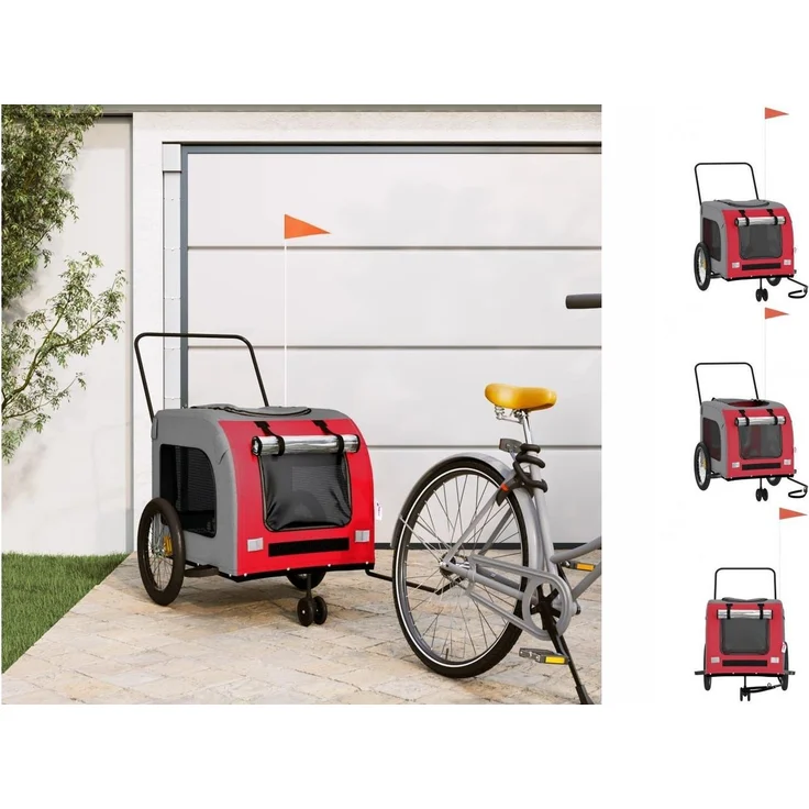 vidaXL Hunde-Transportbox Fahrradanhänger Hunde in Rot und Grau aus Oxford-Gewebe und Eisen – Bild 1