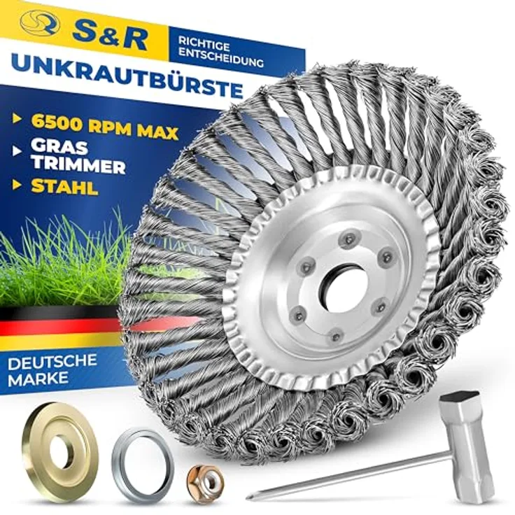 S&R Unkrautbürste 200 mm, 5-teiliges Set mit gezopftem Stahldraht, Kegelbürste für Motorsense zur effektiven Unkraut- und Moosentfernung