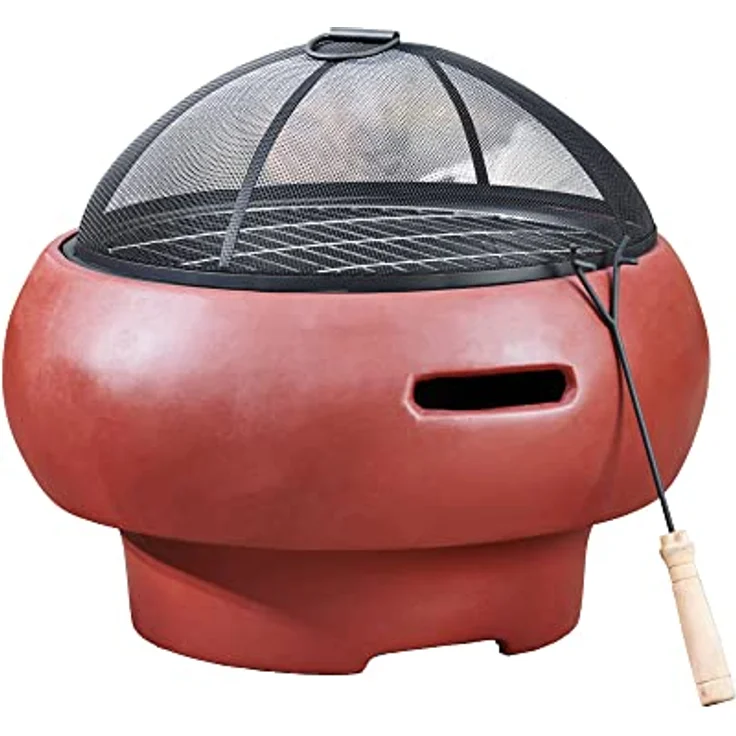 Teamson Home Garten Kleine, Runde Holzfeuerstelle, Gartenmöbel, Kaminofen, Feuerstellenheizung, Feuerschale, Holzbrenner mit Schürhaken, Grill und Deckel, Rot – Bild 1