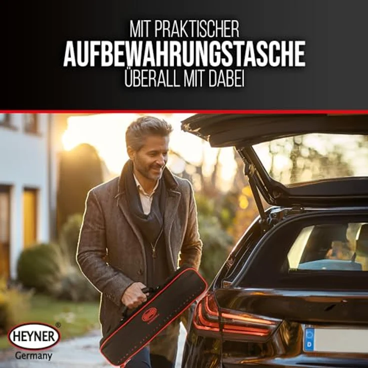 HEYNER Wagenheber Premium Scherenwagenheber 1,5t für BMW, stabile Gummiauflage, extra stabiler Standfuß, Hubhöhe 104-380 mm, Comfort Verlängerung und Ratsche, schwarz – Bild 4