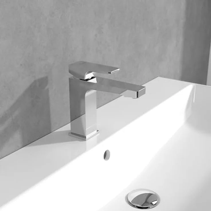 Villeroy & Boch Architectura Square Waschtischarmatur, Wasserhahn Bad mit Zugstange und Keramikkartusche, Waschbeckenarmatur wassersparend, Auslauf Höhe 113mm, eckig, Chrom – Bild 2