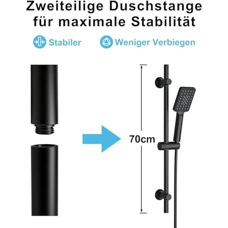 Görbach Duschstange mit Handbrause, 70 cm Edelstahl, matt Schwarz, höhenverstellbar, 3 Strahlarten – Bild 5