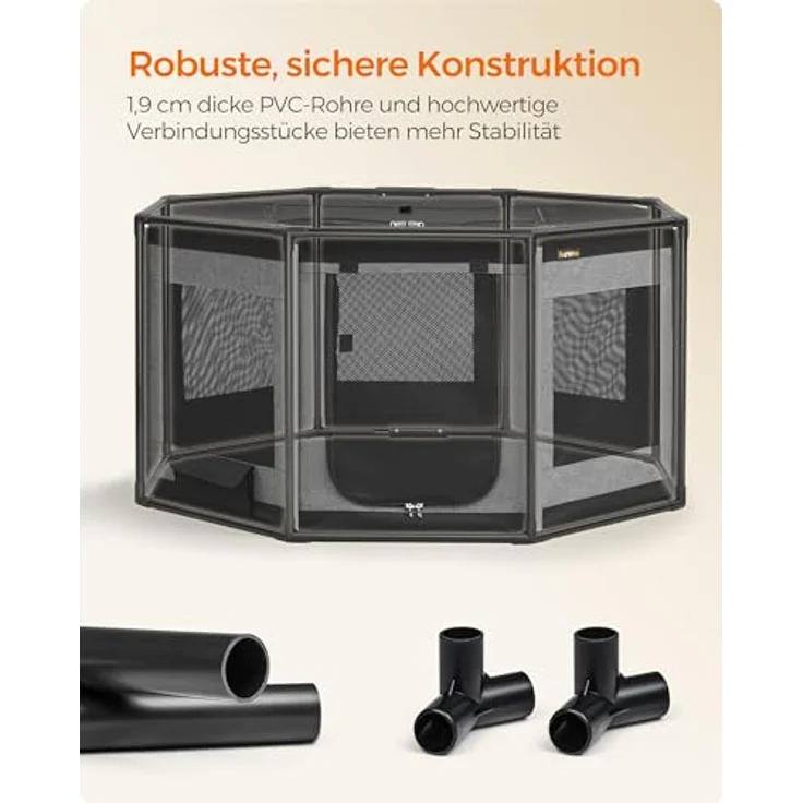 Feandrea Welpenauslauf Oxford-Gewebe, Hundekäfig L mit PVC-Rahmen, atmungsaktives Netz, Seitentasche, schiefergrau-tintenschwarz 112 x 112 x 62 cm – Bild 3
