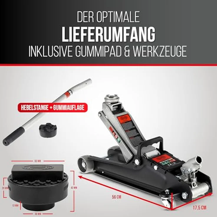 HEYNER® Hydraulik‑Rangierwagenheber Set 2,25 t, für BMW/Mini, 85 mm Einstiegshöhe, Gummiteller Ø 45 mm, pulverbeschichteter Stahl, leicht rangierbar – Bild 3
