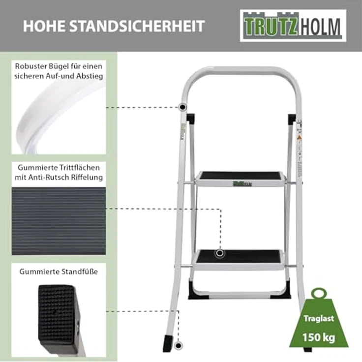 TRUTZHOLM Klapptrittleiter, 2 Stufen, TÜV/GS zertifiziert, 150 kg Traglast, Anti-Rutsch Trittflächen, Sicherheitsverriegelung, pulverbeschichteter Stahl (Weiß) – Bild 4