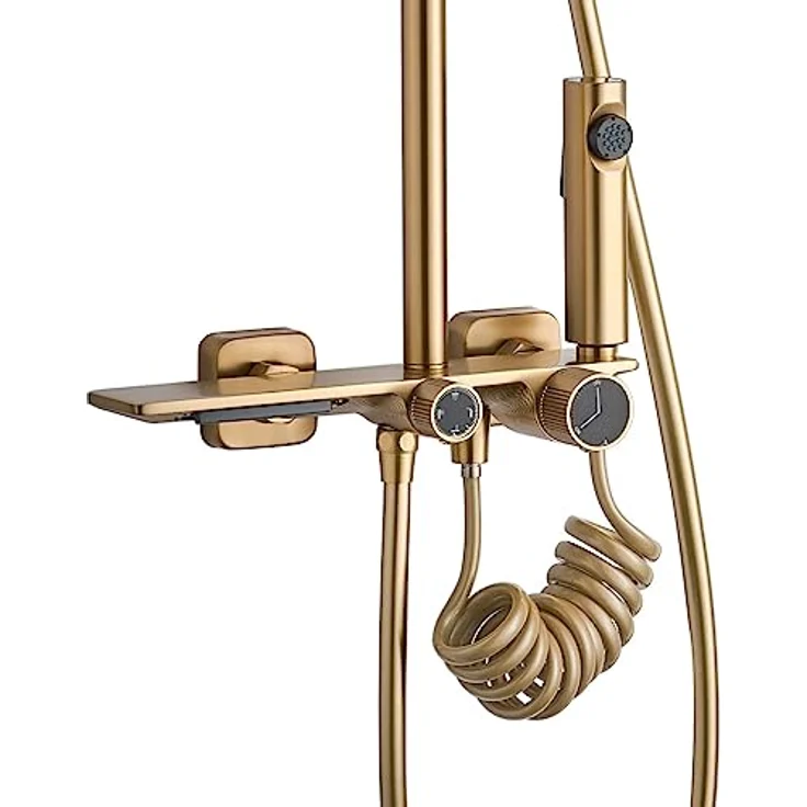Rea Duschsystem HELIX Brush Gold, Duschset mit Regendusche 20 x 30 cm und 150 cm Schlauchlänge, gebürstetes Gold – Bild 2