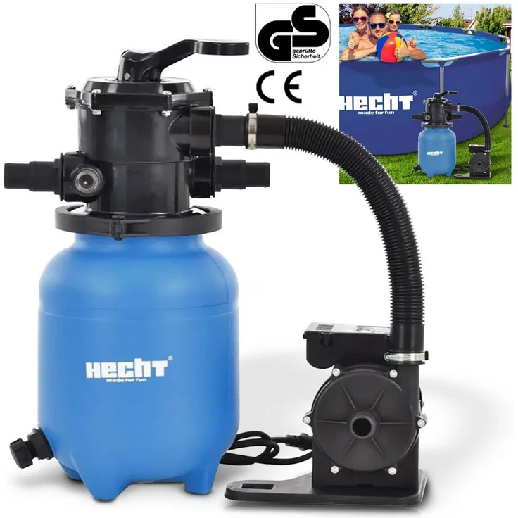 Hecht Sandfilteranlage 302200, 12 kg Sandkapazität, 200W Pumpe, 7-Wege Ventil, 7.500 l/h Durchflussmenge