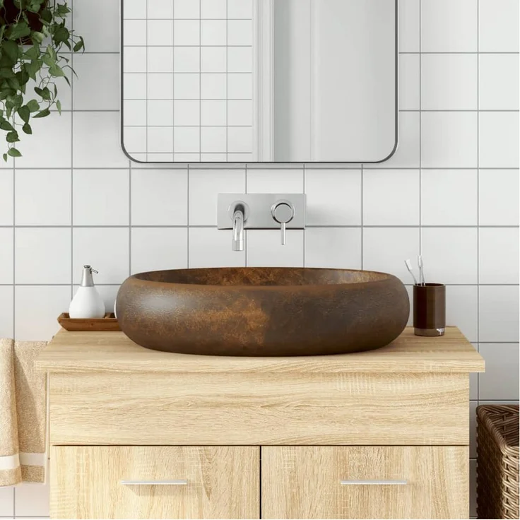 vidaXL Aufsatzwaschbecken Keramik, handgefertigt, Braun – Bild 1