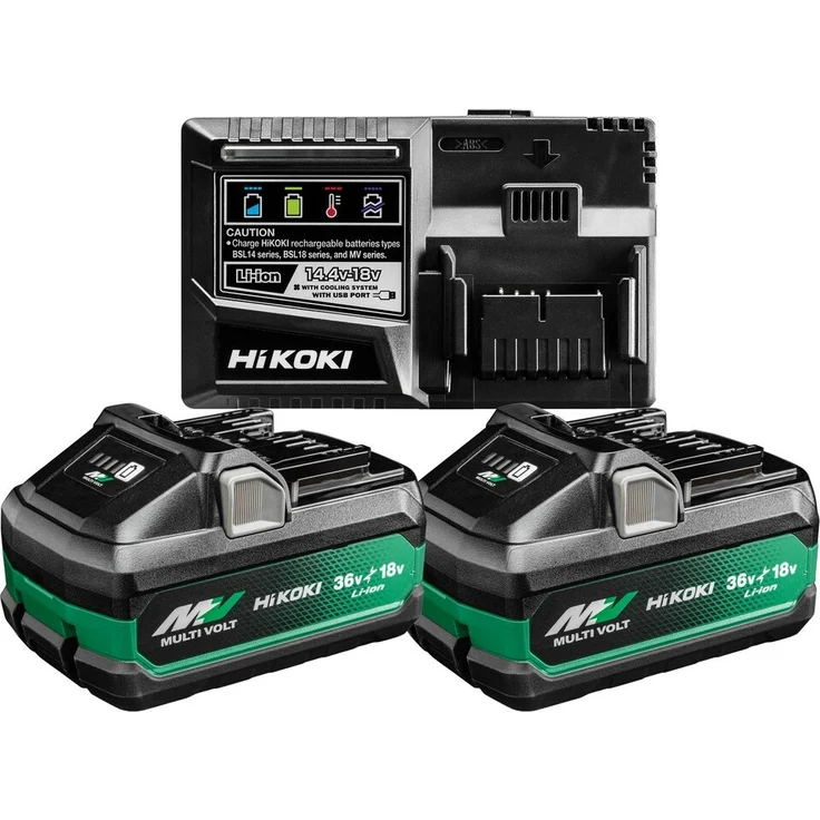 HiKoKi Booster Pack 2x Multivolt Akku 18V/36V 8,0/4,0 Ah + Ladegerät UC18YSL3WJZ, Werkzeugakkus mit automatischem Umschaltsystem