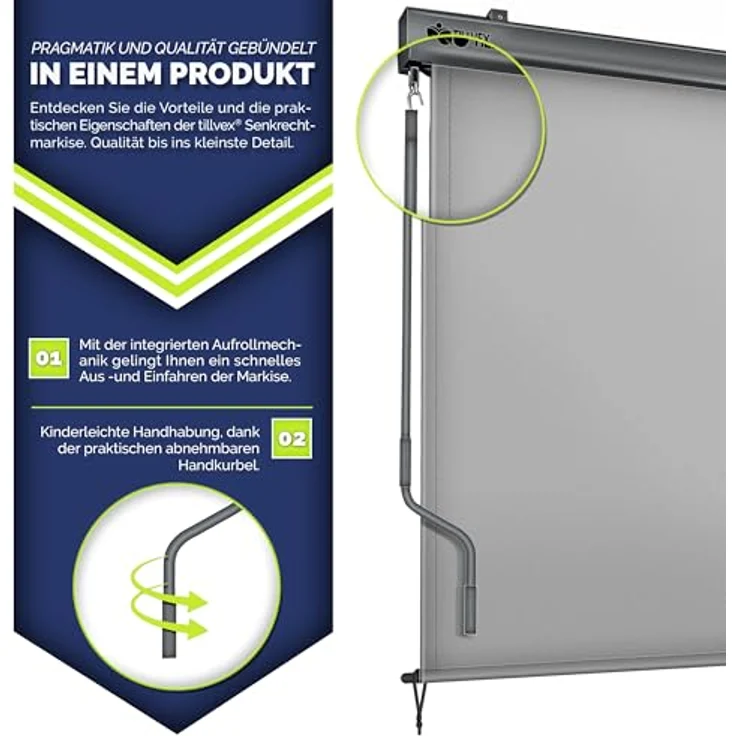 tillvex Senkrechtmarkise 160 x 250 cm für Außen- und Innenbereich | Wasserfestes Außenrollo mit Handkurbel | Sonnenschutz aus Aluminium | Rollo Sichtschutz, Silber – Bild 4