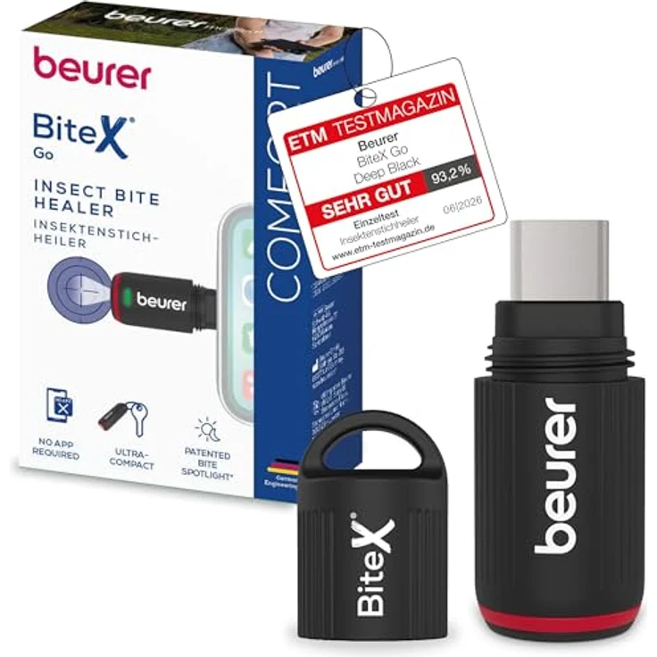 Beurer BiteX Go Deep Black, Insektenstichheiler für Smartphone mit USB-C, Hitzestift gegen Juckreiz & Schwellungen, mit Licht und 2 Programmen – Bild 1