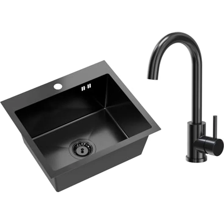 VBChome Edelstahlspüle mit Armatur 50 x 45 cm Schwarz Einbauspüle mit Hahnloch und großer Becken Ablaufgarnitur - PVD Schwarze Armatur und hygienisches SteelQ-Edelstahl – Bild 1