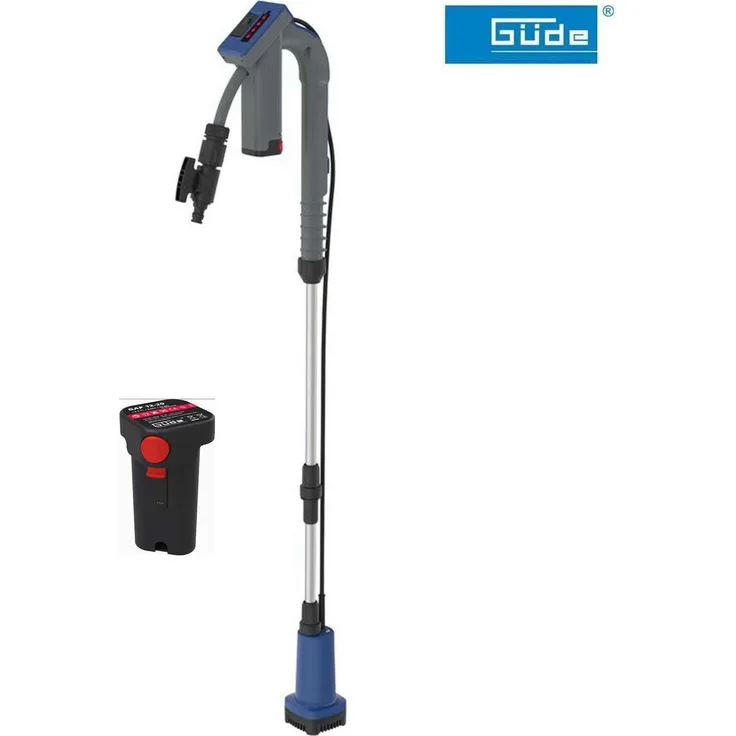 Güde Akku Regenfasspumpe 12V RFP 12-201-04, Gartenpumpe mit Akku und Ladegerät, Trockenlaufschutz, Teleskopverstellung, 12 V, Li-Ion Akku 2,0 Ah, blau