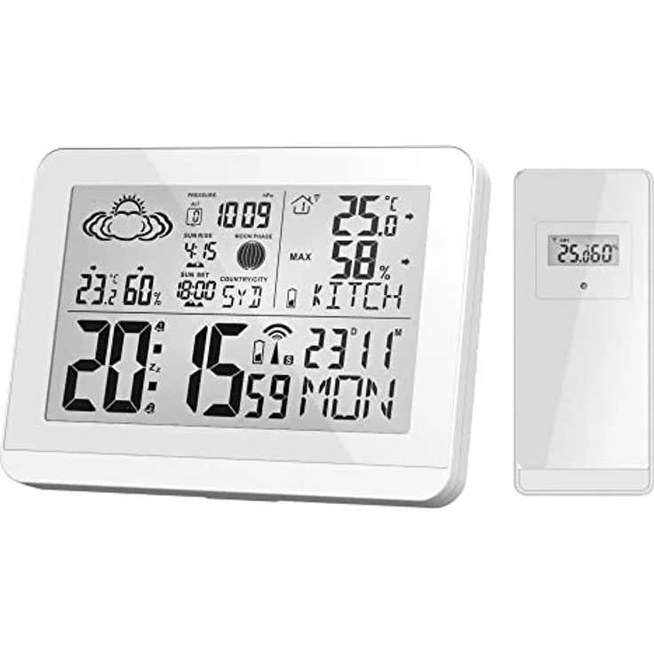 Miraval Funk-Wetterstation mit Aussensensor, Hygrometer, Mondphase, Sonnenaufgang/-untergang, 2 Alarme, Wettervorhersage, weiß