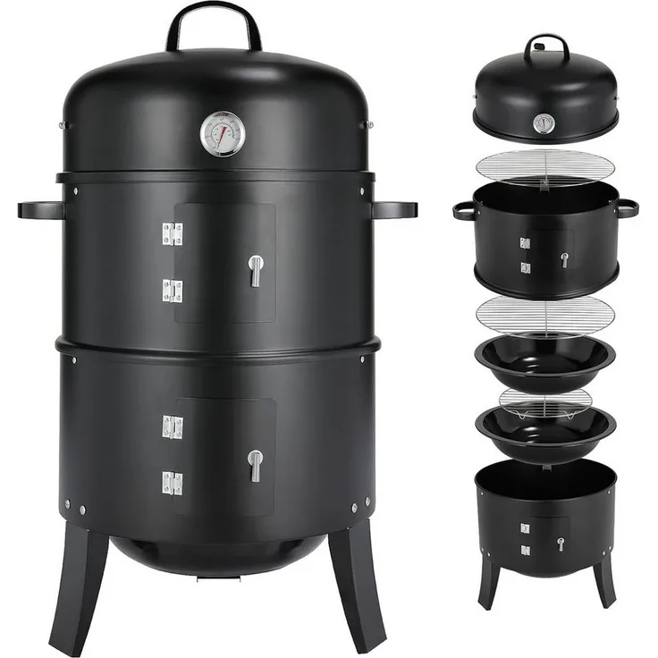 TLGREEN Smoker Räucherofen, 3 in 1 Holzkohlegrill und Räuchertonne mit Thermometer, Ø44,5x80 cm