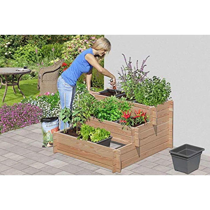 Gartenpirat Stufenbeet Holz Lärche Hochbeet dreistufig mit 9X Pflanzkasteneinsatz, wetterfest für Garten, Terrasse oder Balkon – Bild 2