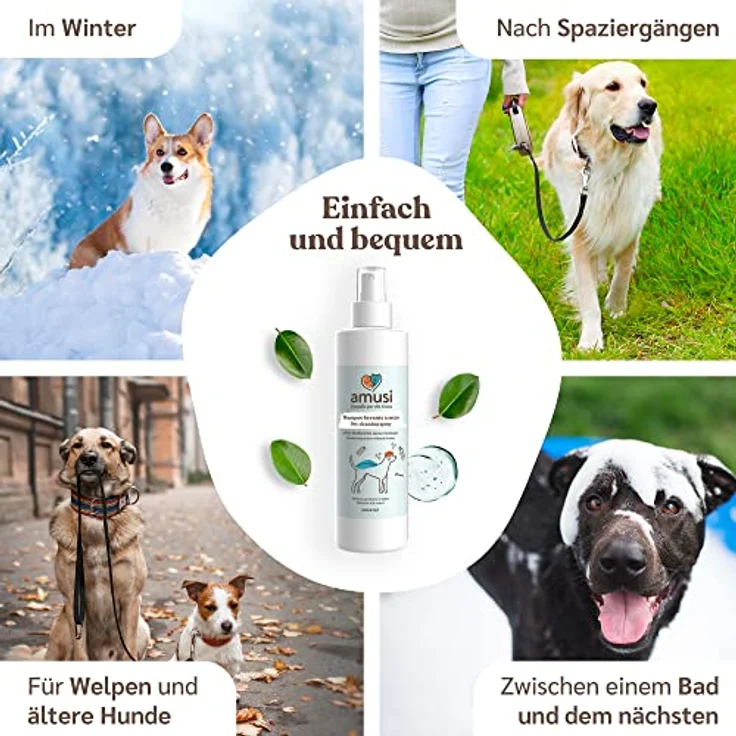 Amusi Tiershampoo Spray für Hunde, hypoallergen gegen Juckreiz, pflegt und beruhigt, 250 ml, vegan, Flohshampoo – Bild 4