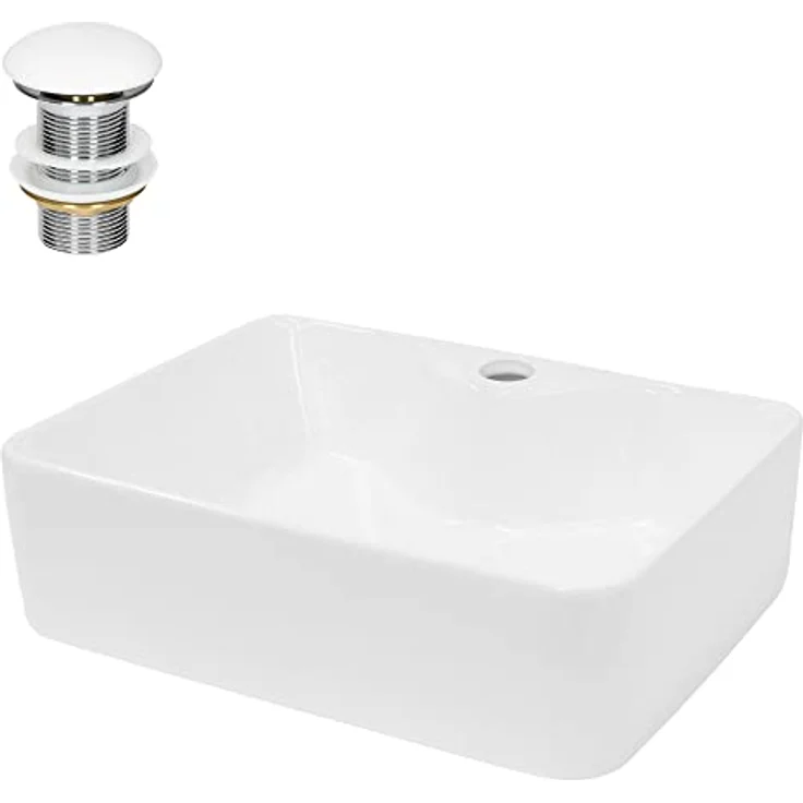 ECD Germany Design Waschbecken Waschtisch 480 x 380 x 140 mm inkl. Ablaufgarnitur für Waschbecken ohne Überlauf - Keramik Weiß Aufsatzbecken Aufsatzwaschbecken Waschschale Aufsatzwaschtisch Spülbecken – Bild 1