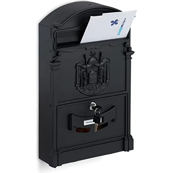 Relaxdays Briefkasten antik, nostalgischer Wand Postkasten mit Sichtfenster, HBT: 41 x 25,5 x 9 cm, Stahl & Alu, schwarz, 10038925
