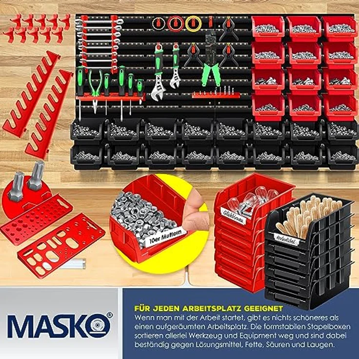 MASKO® Wandregal + Stapelboxen + Werkzeughalter | 45 tlg Box | Erweiterbar | Werkstattregal Lagerregal Steckregal Set Box | Sichtlagerkästen | Kleinteilemagazin | Sortimentskasten | Werkstatt | – Bild 5