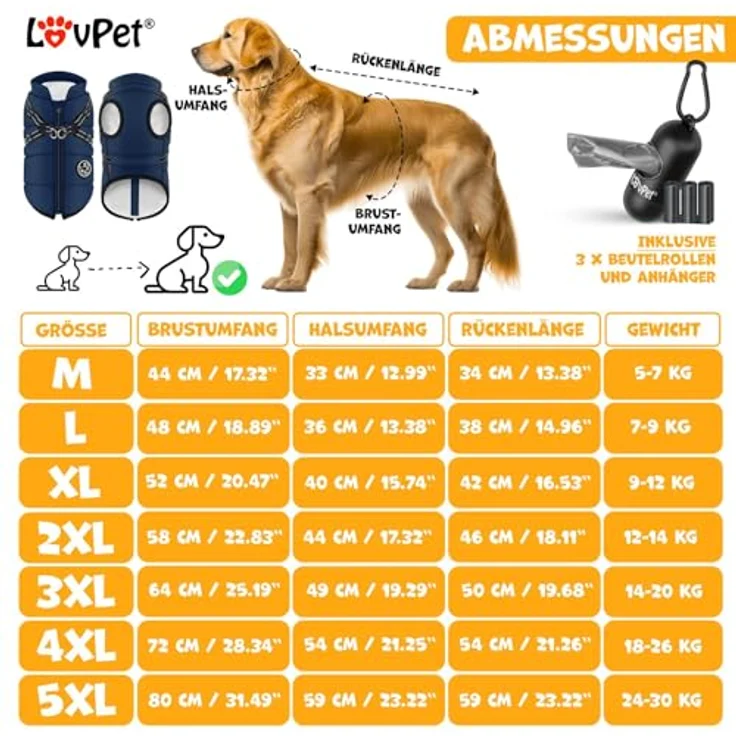 Lovpet® Hundejacke Hundemantel mit Geschirr, 45 Kotbeutel + Spender, Winterweste gefüttert wasserdicht, reflektierende Gurte, D-Ring 4XL, Navyblau – Bild 2