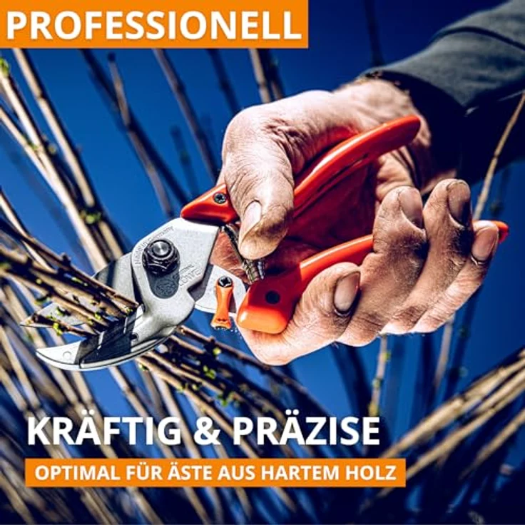 Original Löwe 8 Profi Amboss Gartenschere 8.107 mit Bypass Geometrie - scharfe handliche Schere mit Stahl-Klinge Antihaftbeschichtung und ergonomisch geformte Griffe für Schneidarbeiten im Garten Links- und Rechtshänder klein und mittelgroß – Bild 4
