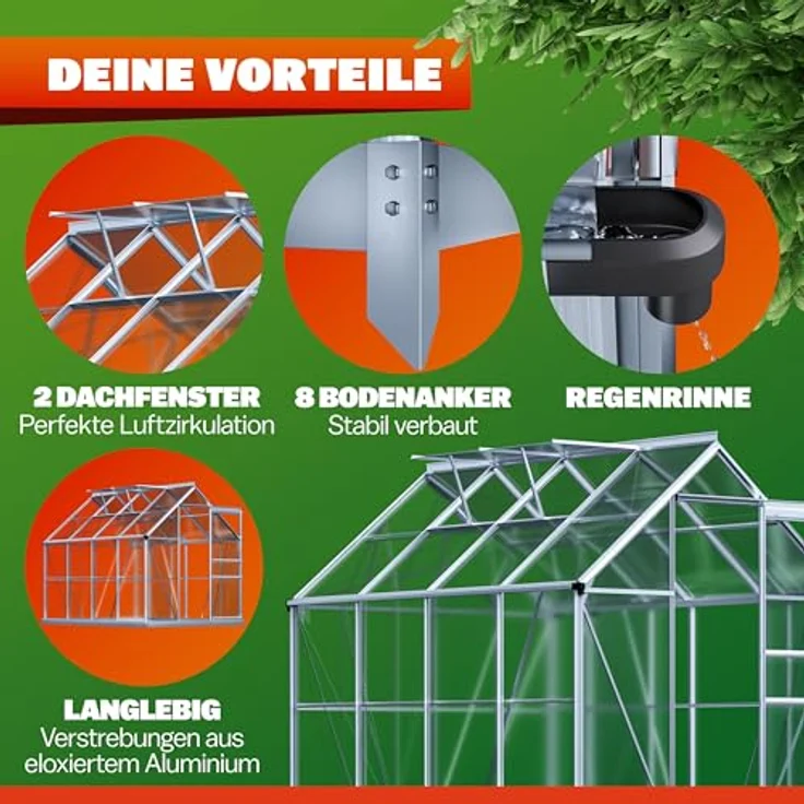 Gardebruk Gewächshaus Aluminium 4,8m² mit Fundament 250x190cm, inkl. 2 Dachfenster und stabiler Regenrinne – Bild 2